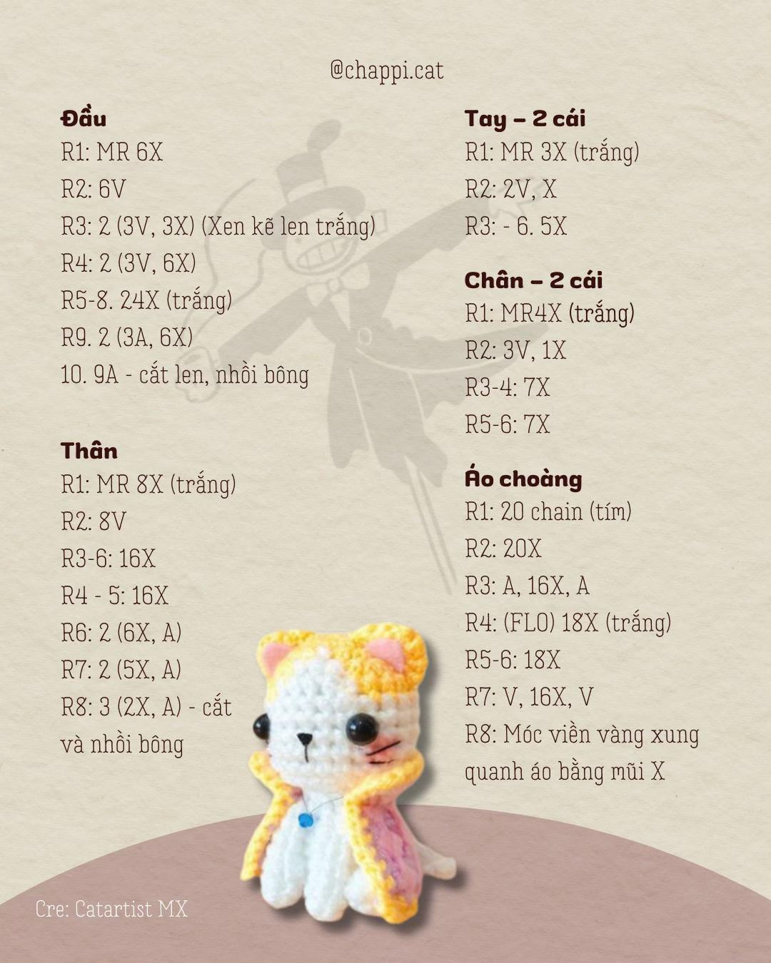 Hướng dẫn móc len búp bê mèo Howl áo choàng vàng