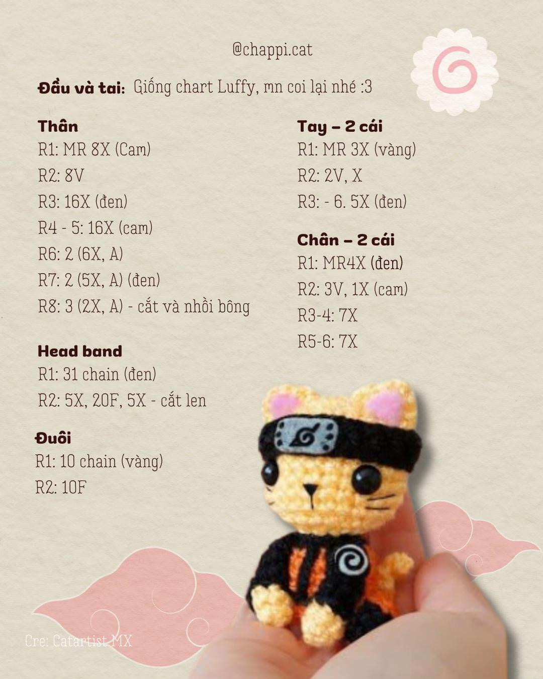 Hướng dẫn móc len búp bê mèo Naruto màu vàng đen