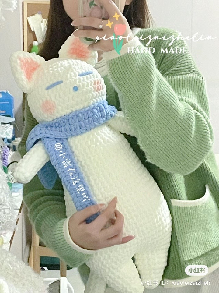 Hướng dẫn móc len búp bê mèo trắng phiên bản lớn kèm khăn xanh