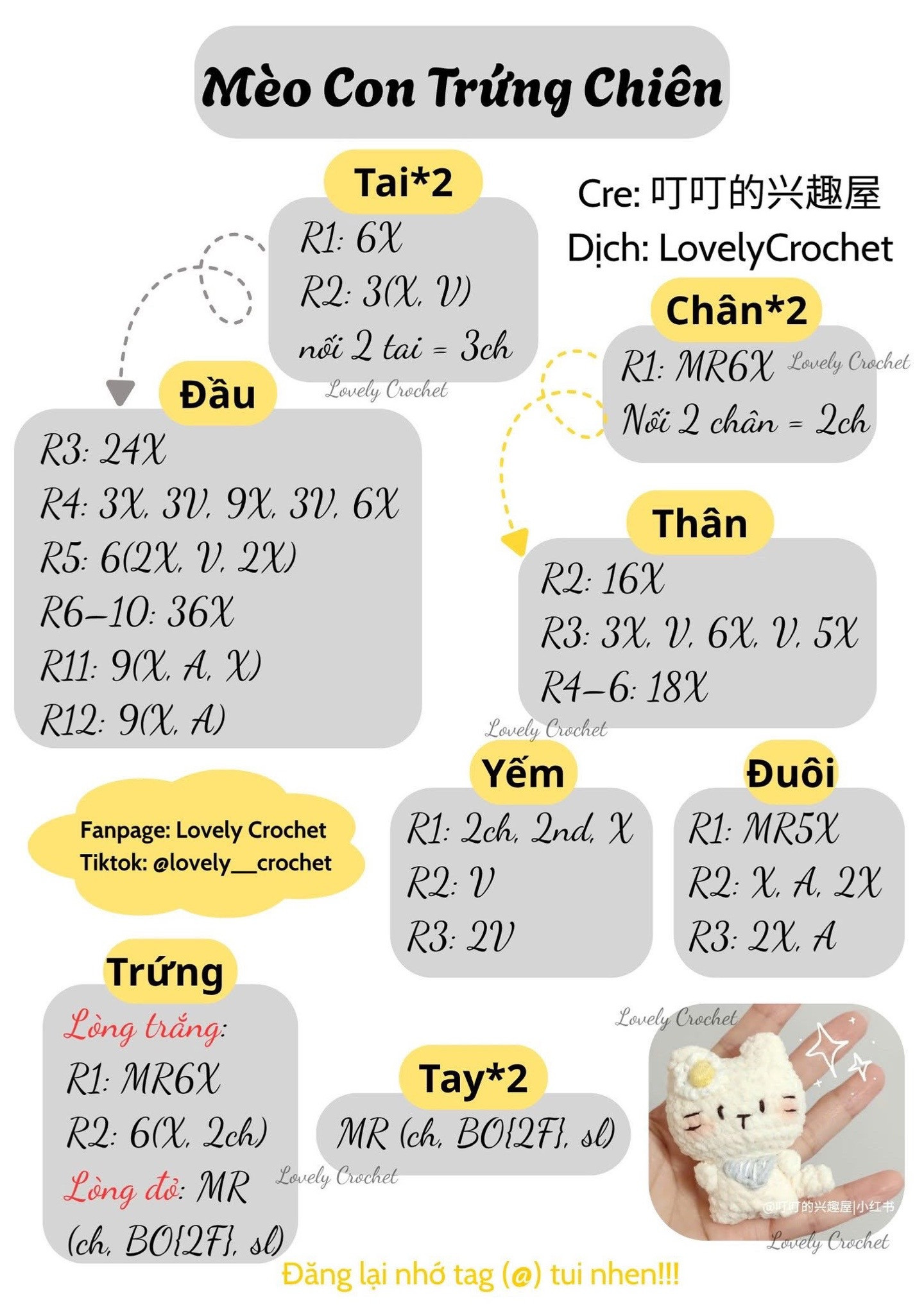 Hướng dẫn móc len búp bê Mèo Trứng Chiên và Thỏ Băng Bó dễ thương