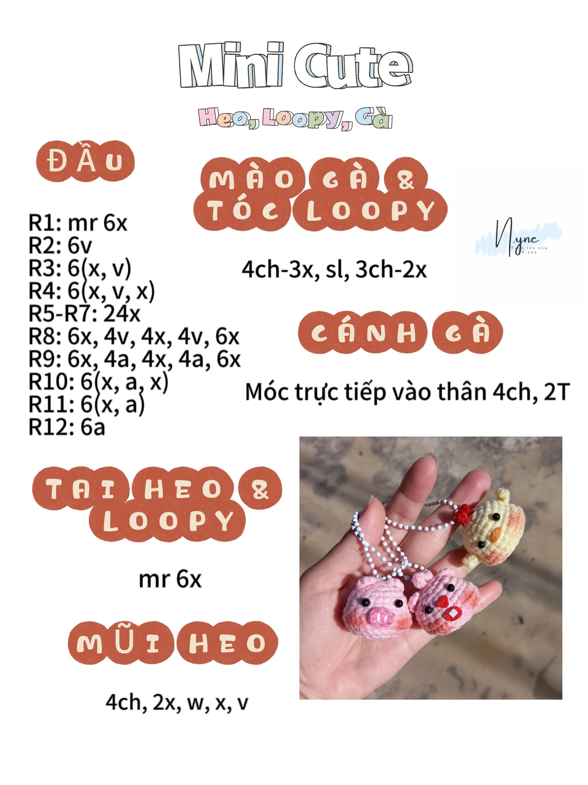 Hướng dẫn móc len búp bê mini Heo, Loopy và Gà dễ thương