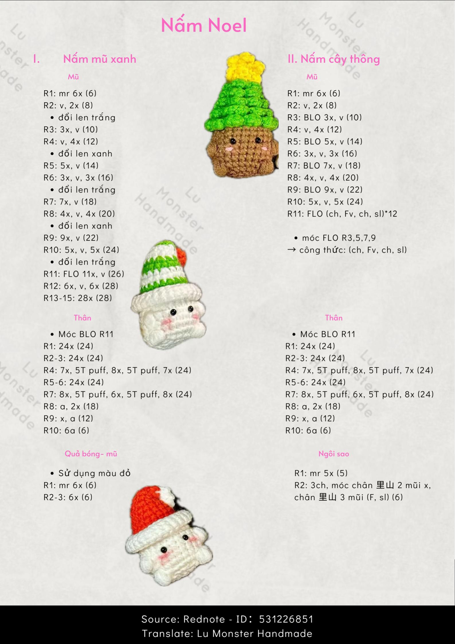 Hướng dẫn móc len búp bê Nấm Noel dễ thương