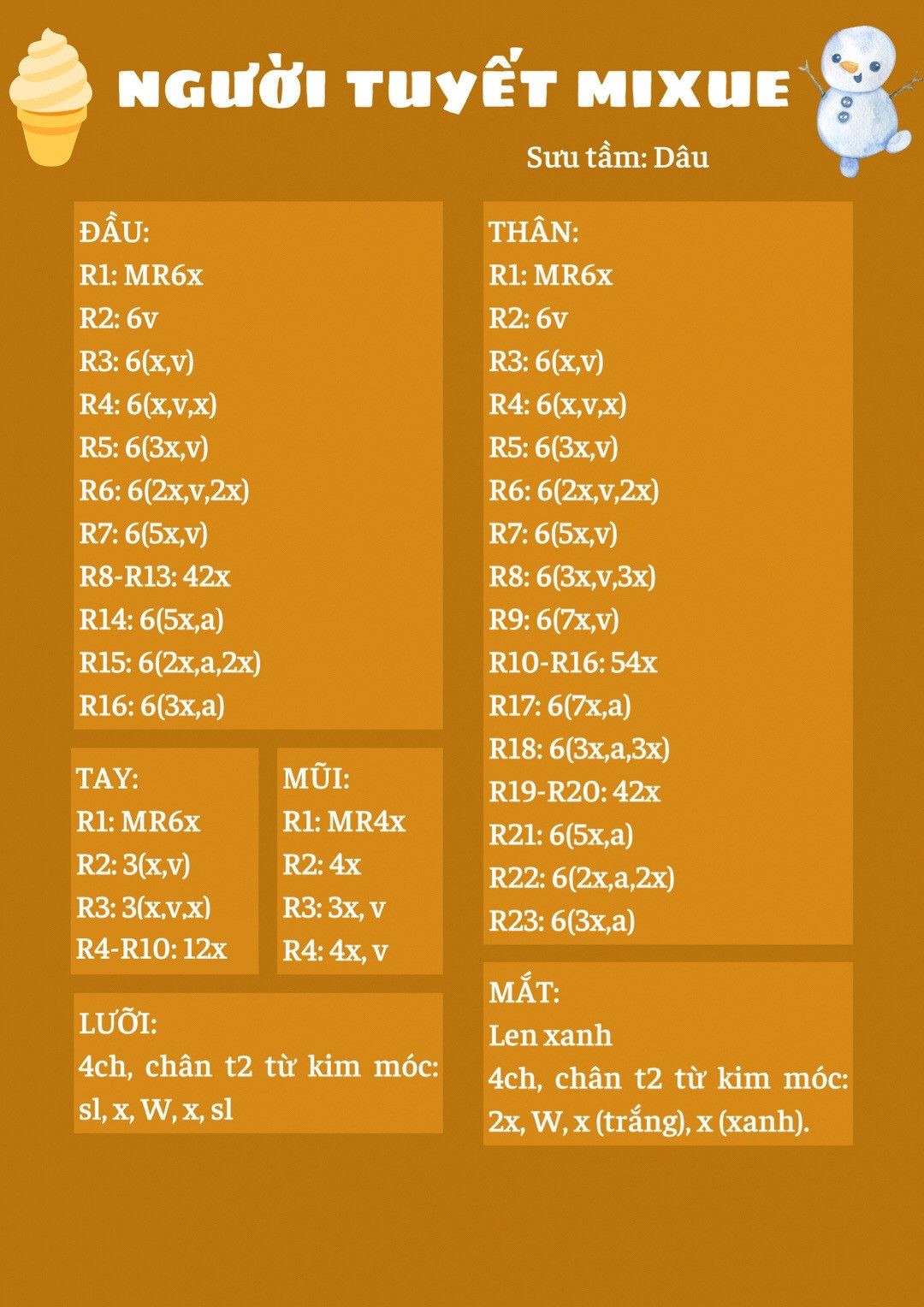 Hướng dẫn móc len búp bê người tuyết Mixue màu trắng