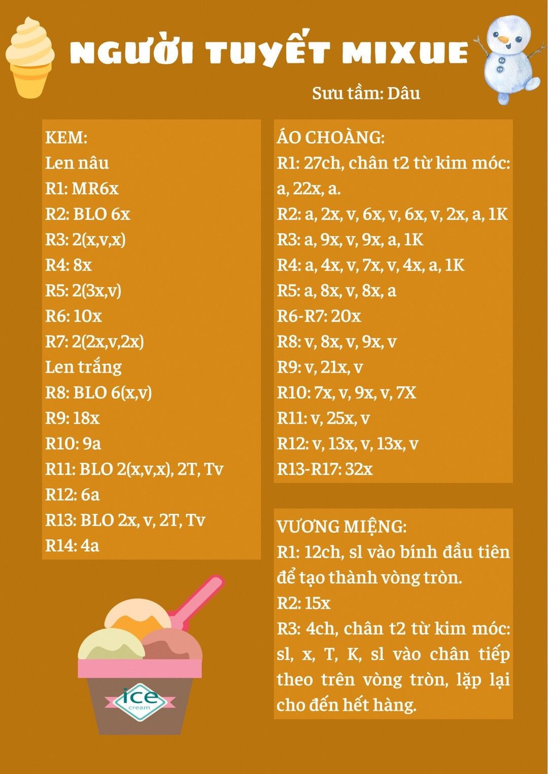 Hướng dẫn móc len búp bê người tuyết Mixue màu trắng