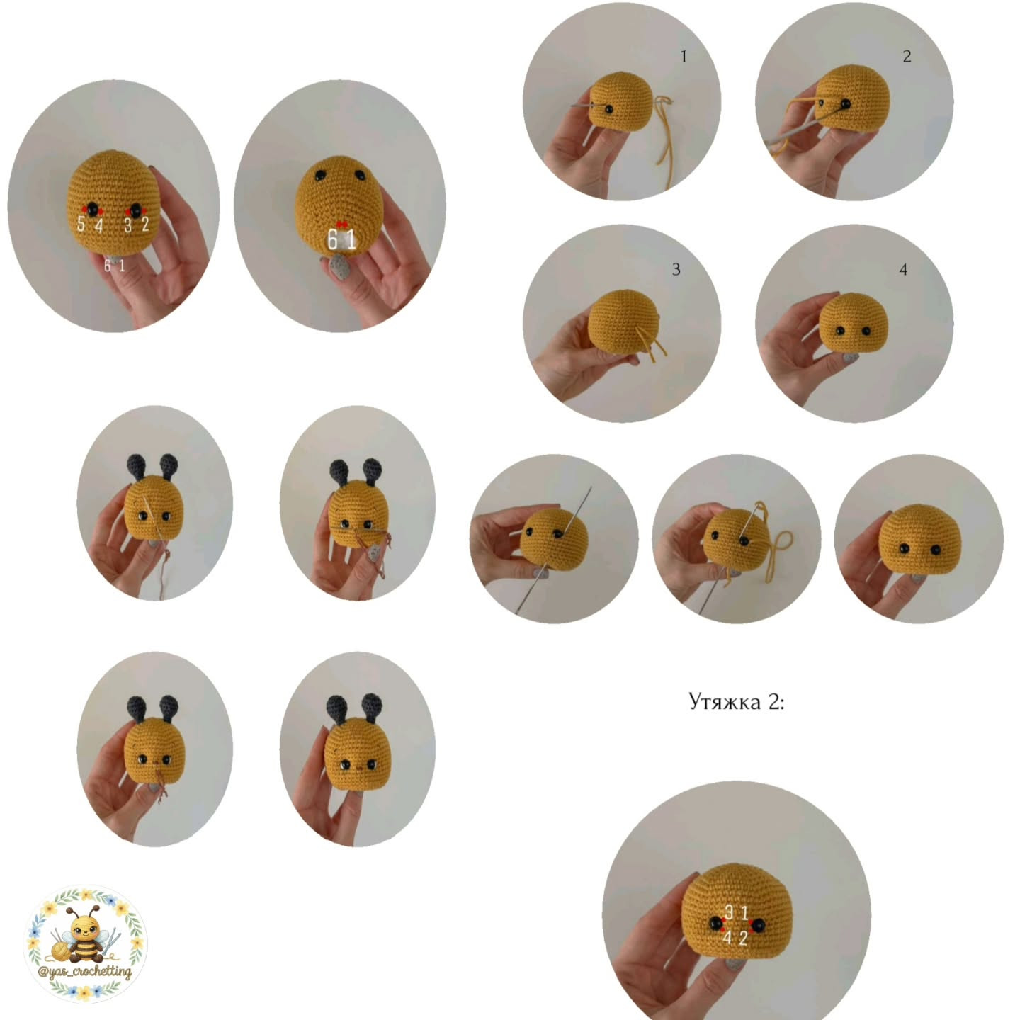 Hướng dẫn móc len búp bê ong Amigurumi dễ thương, màu vàng và nâu với chi tiết sọc đen