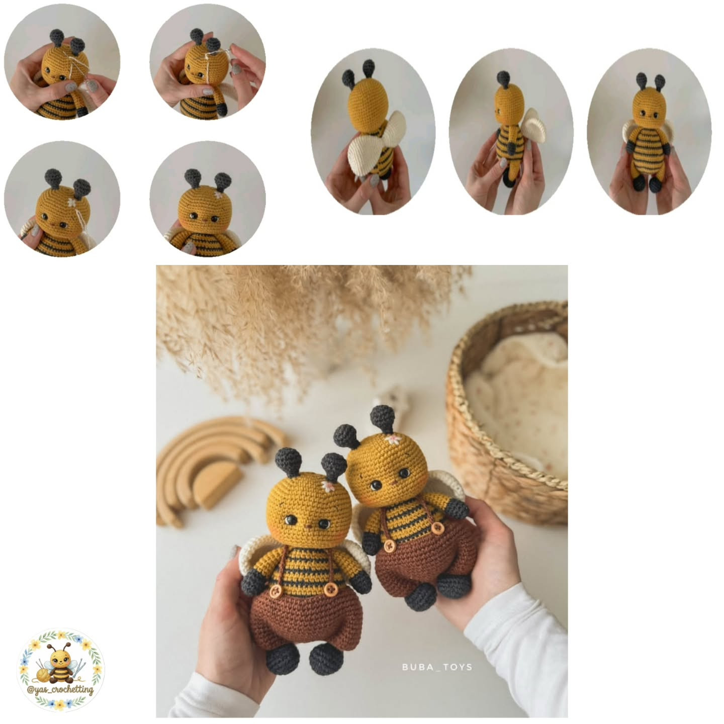 Hướng dẫn móc len búp bê ong Amigurumi dễ thương, màu vàng và nâu với chi tiết sọc đen