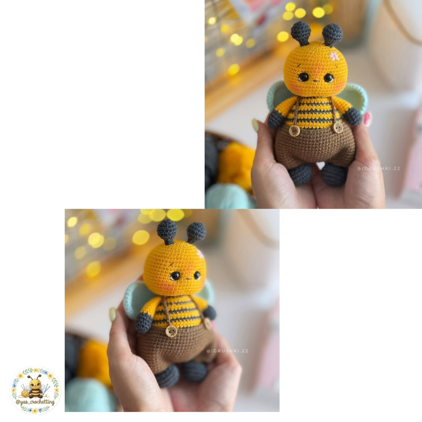Hướng dẫn móc len búp bê ong Amigurumi dễ thương, màu vàng và nâu với chi tiết sọc đen