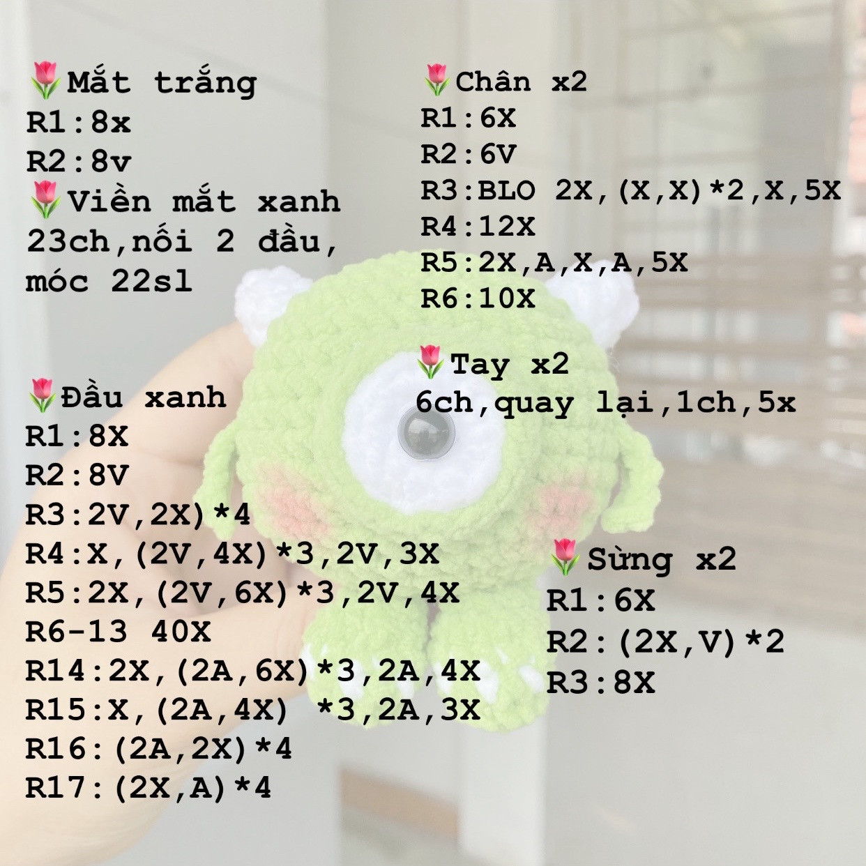 Hướng dẫn móc len búp bê quái vật mắt một màu xanh lá cây dễ thương