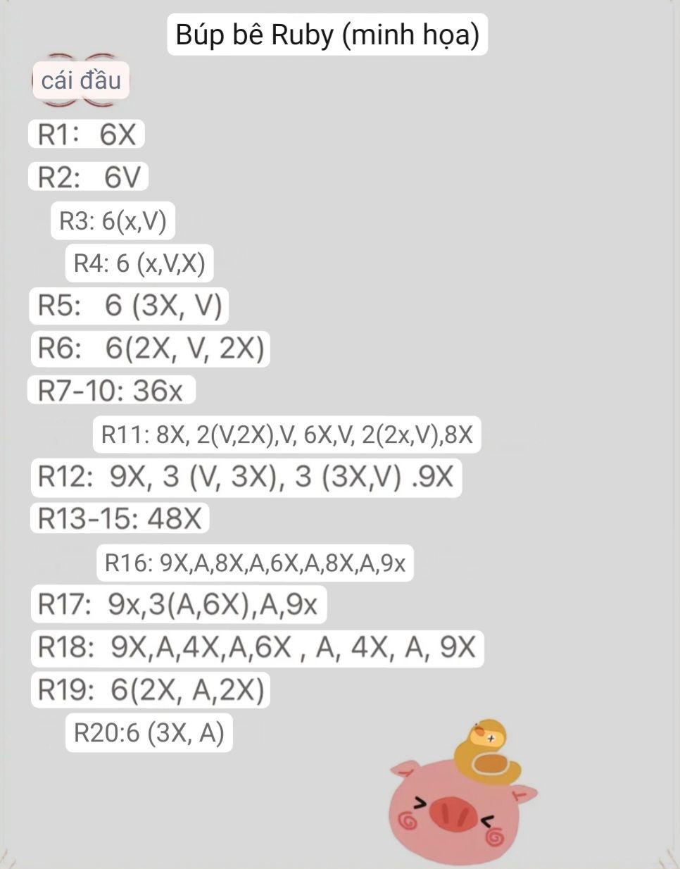 Hướng dẫn móc len búp bê Ruby (minh họa) chi tiết từng phần