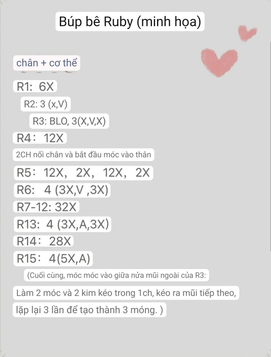 Hướng dẫn móc len búp bê Ruby (minh họa) chi tiết từng phần