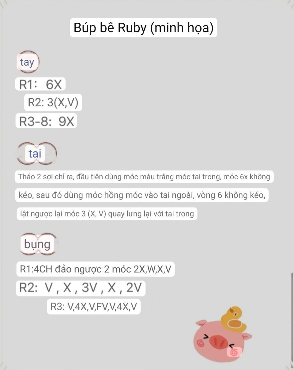 Hướng dẫn móc len búp bê Ruby (minh họa) chi tiết từng phần