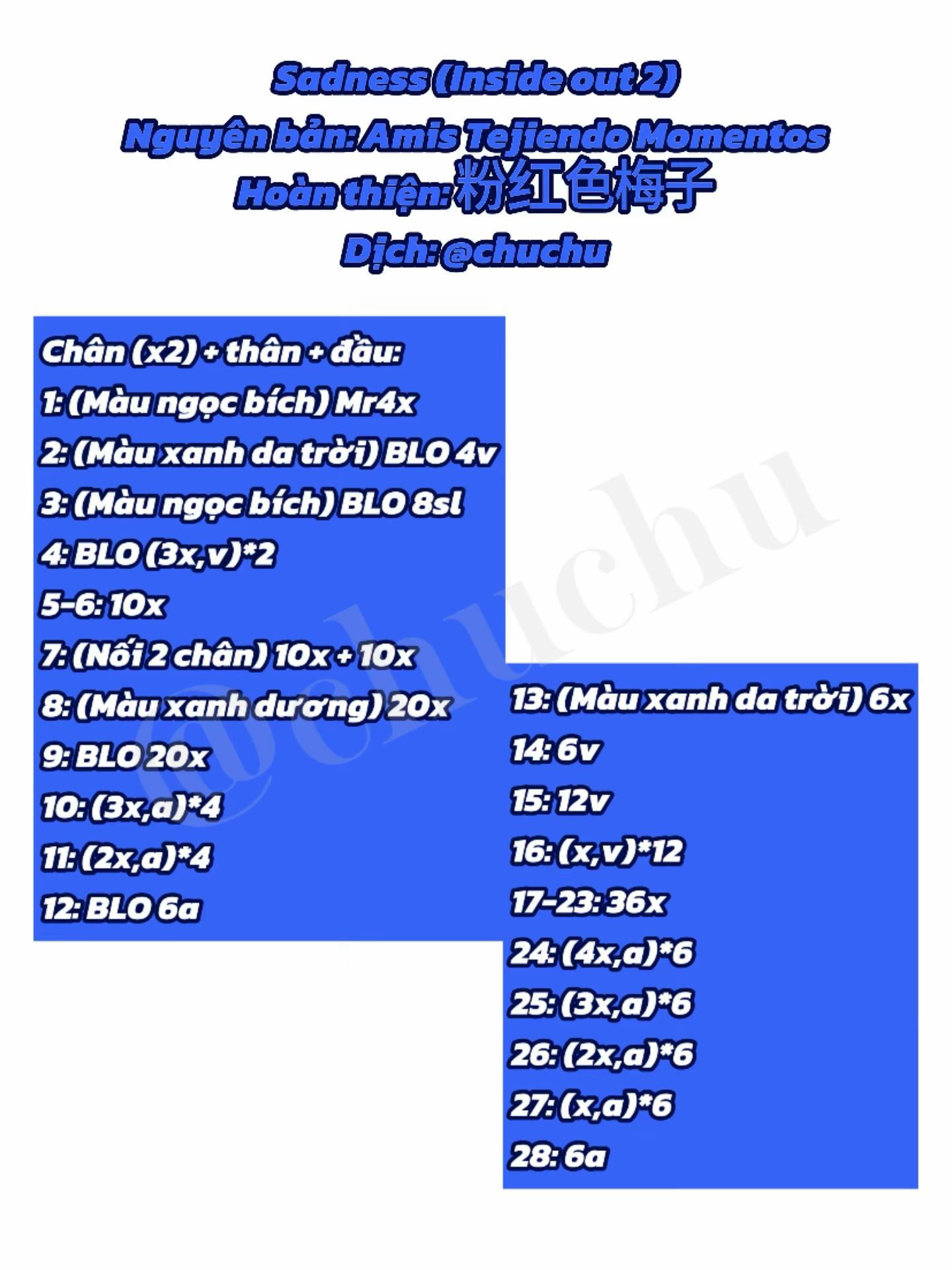 Hướng dẫn móc len búp bê Sadness (Inside Out 2) màu xanh, mắt kính tròn