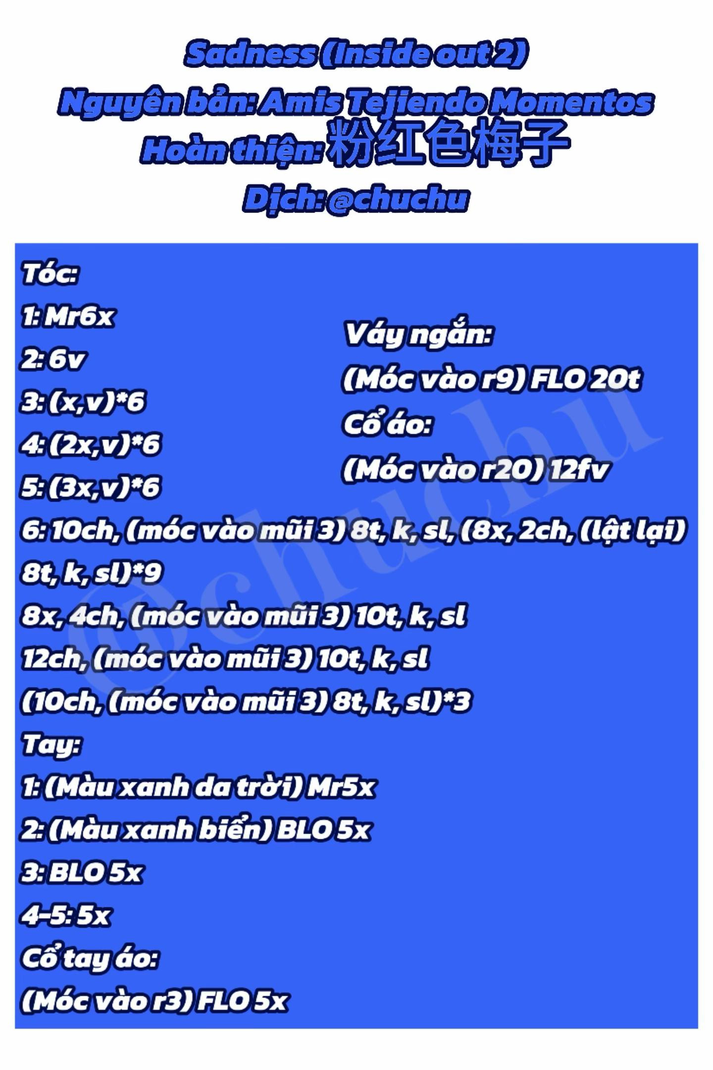 Hướng dẫn móc len búp bê Sadness (Inside Out 2) màu xanh, mắt kính tròn