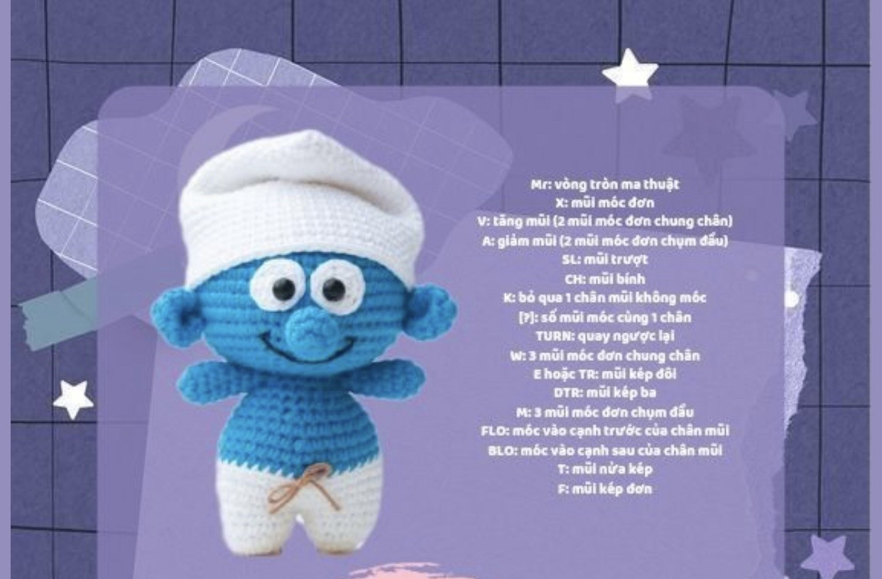 Hướng dẫn móc len búp bê Smurf Jockey chi tiết từng phần
