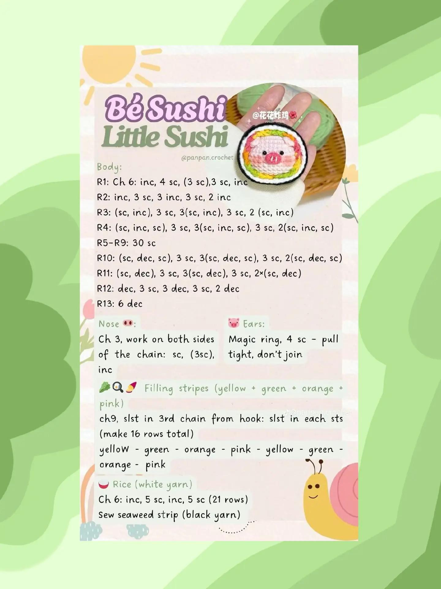 Hướng dẫn móc len Búp bê Sushi, Dưa hấu, Thỏ và Gà