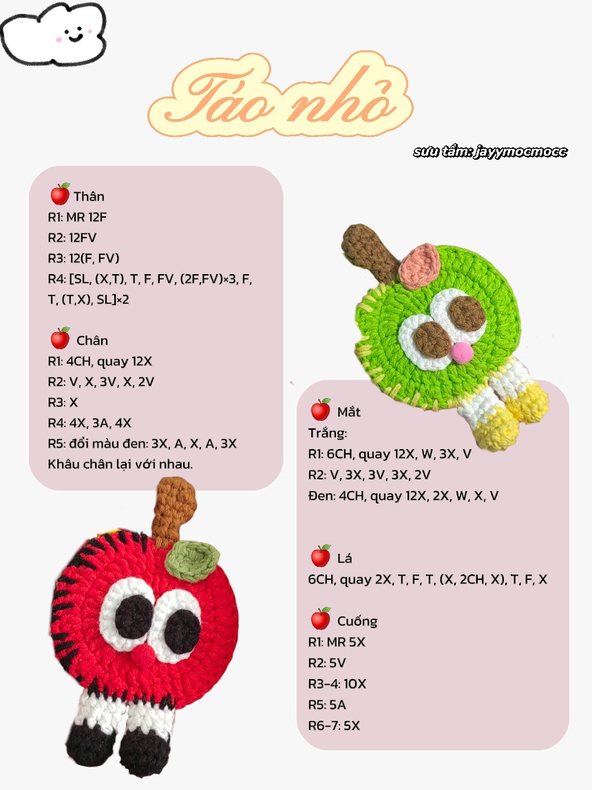 Hướng dẫn móc len búp bê Táo nhỏ nhiều màu sắc dễ thương