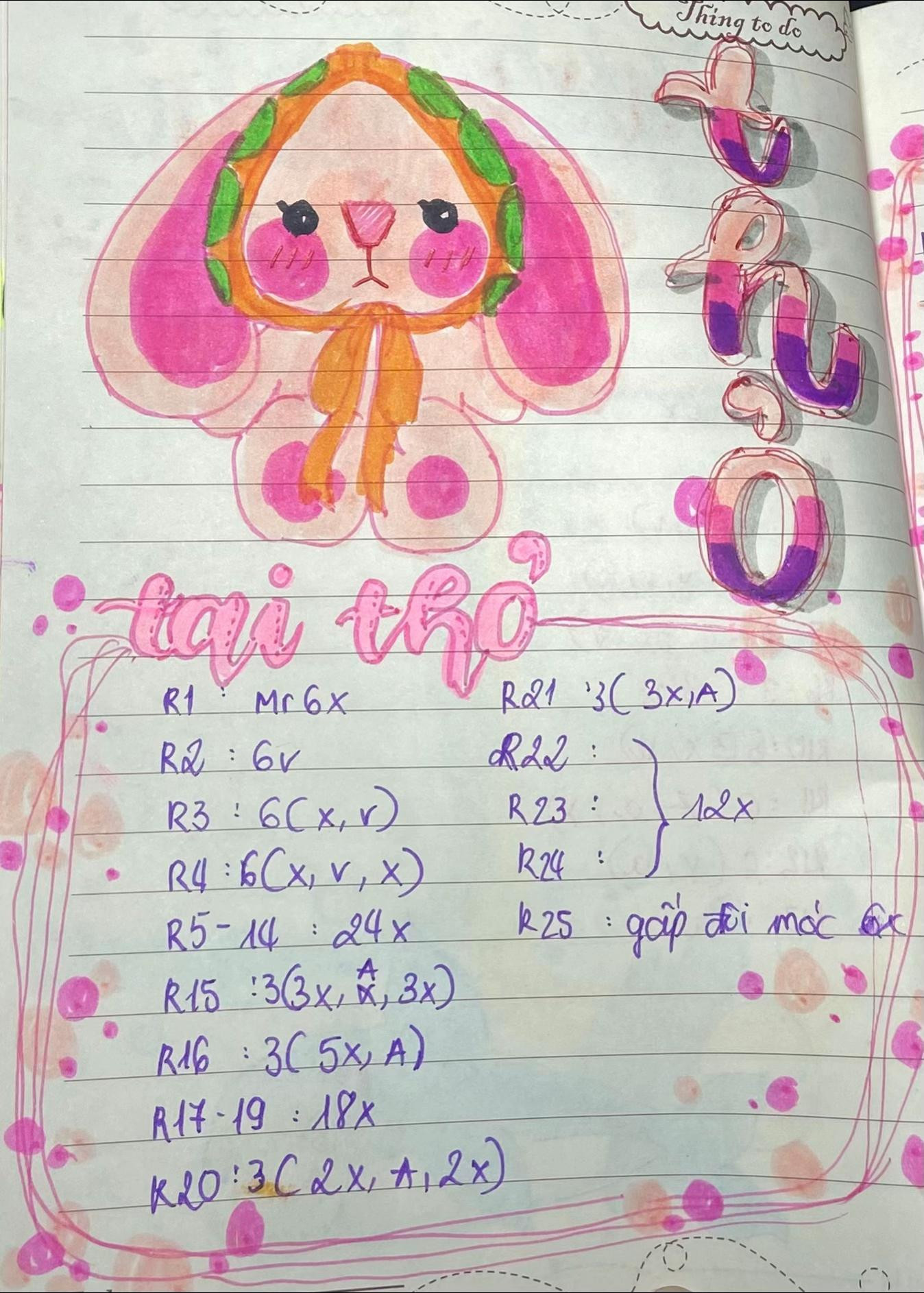 Hướng dẫn móc len búp bê thỏ amigurumi dễ thương với tai dài, má hồng và vòng hoa xanh