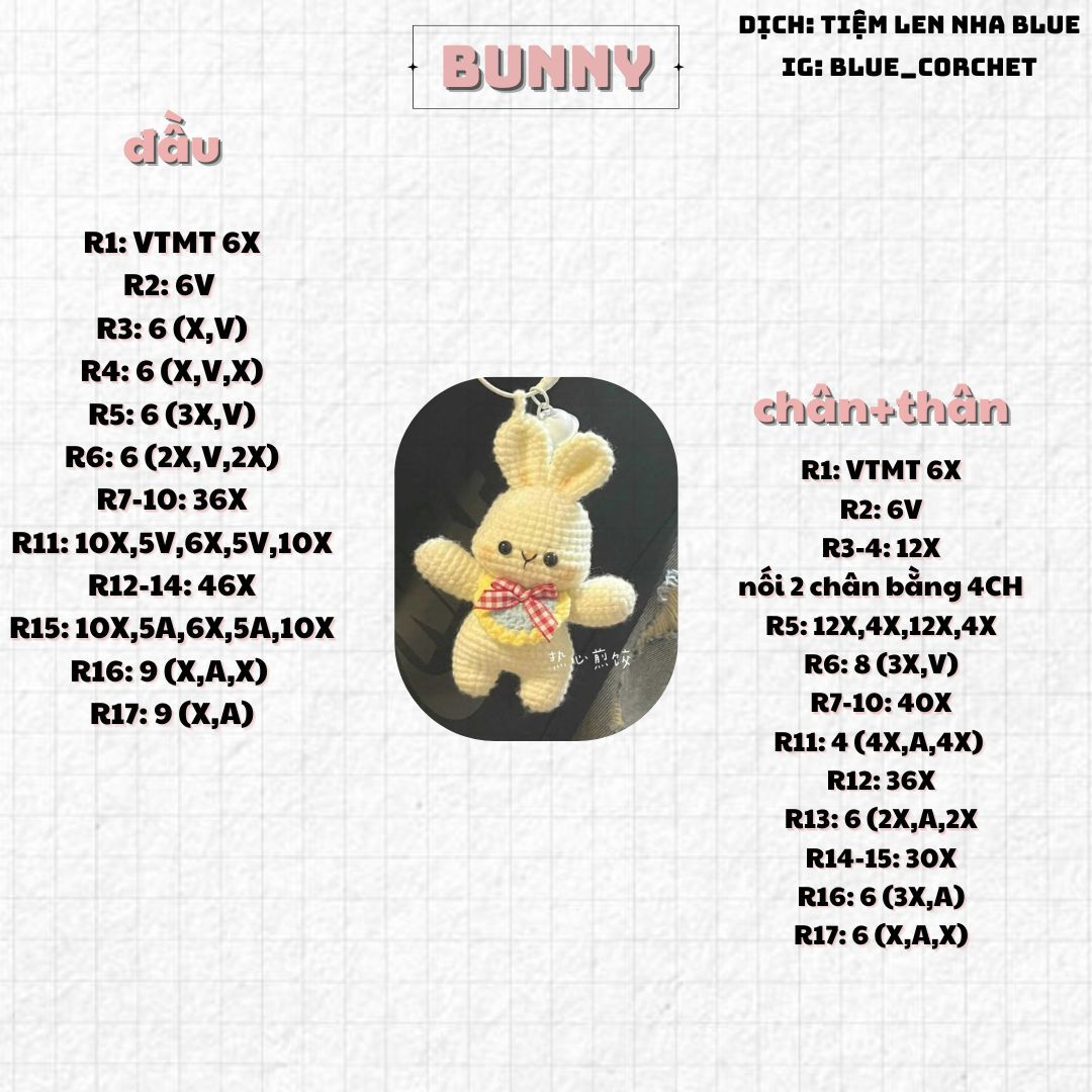 Hướng dẫn móc len búp bê thỏ Bunny màu vàng với khăn cổ