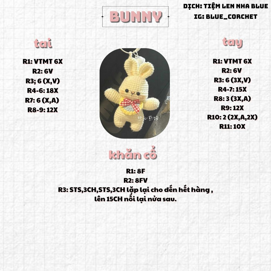 Hướng dẫn móc len búp bê thỏ Bunny màu vàng với khăn cổ