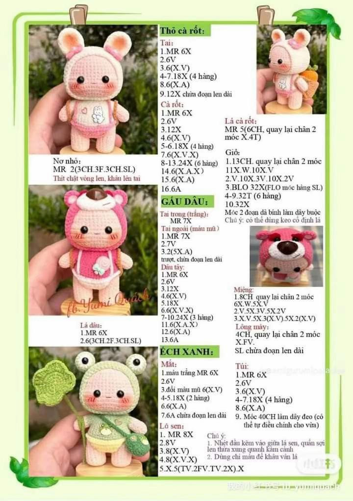 HƯỚNG DẪN MÓC LEN BÚP BÊ THỎ CÀ RỐT, GẤU DÂU VÀ ẾCH XANH - CHART AMIGURUMI CHI TIẾT