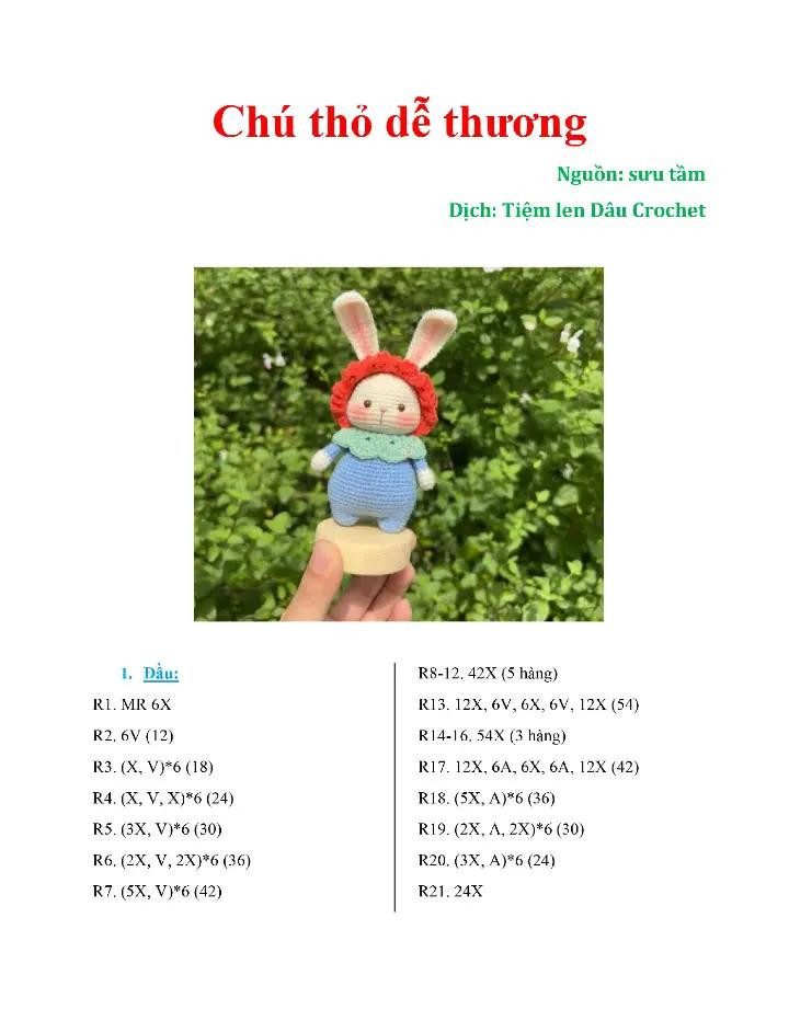 Hướng dẫn móc len búp bê thỏ dễ thương với mũ đỏ và váy xanh