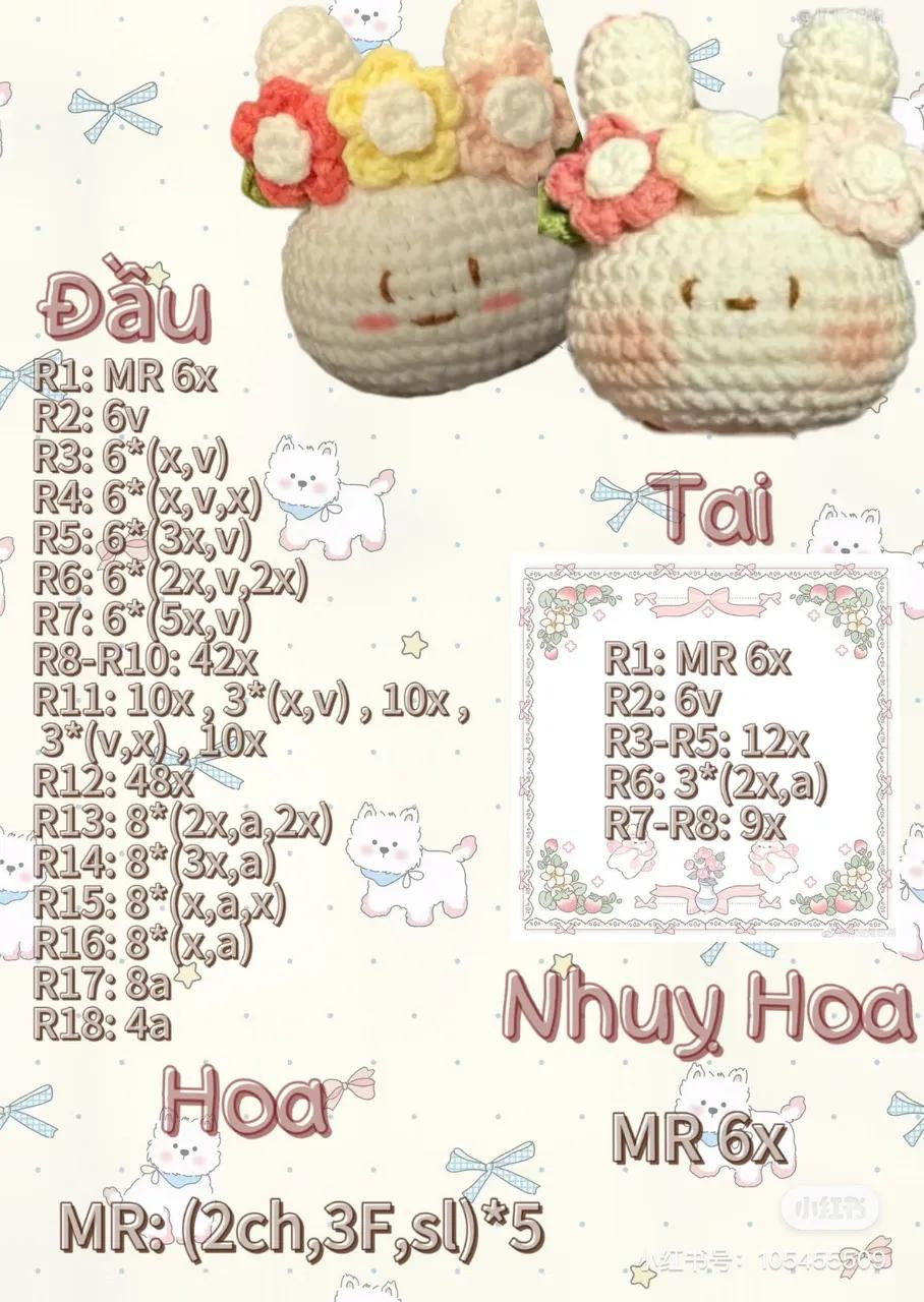 Hướng dẫn móc len búp bê thỏ dễ thương với vòng hoa, bao gồm chart chi tiết cho đầu, tai và hoa