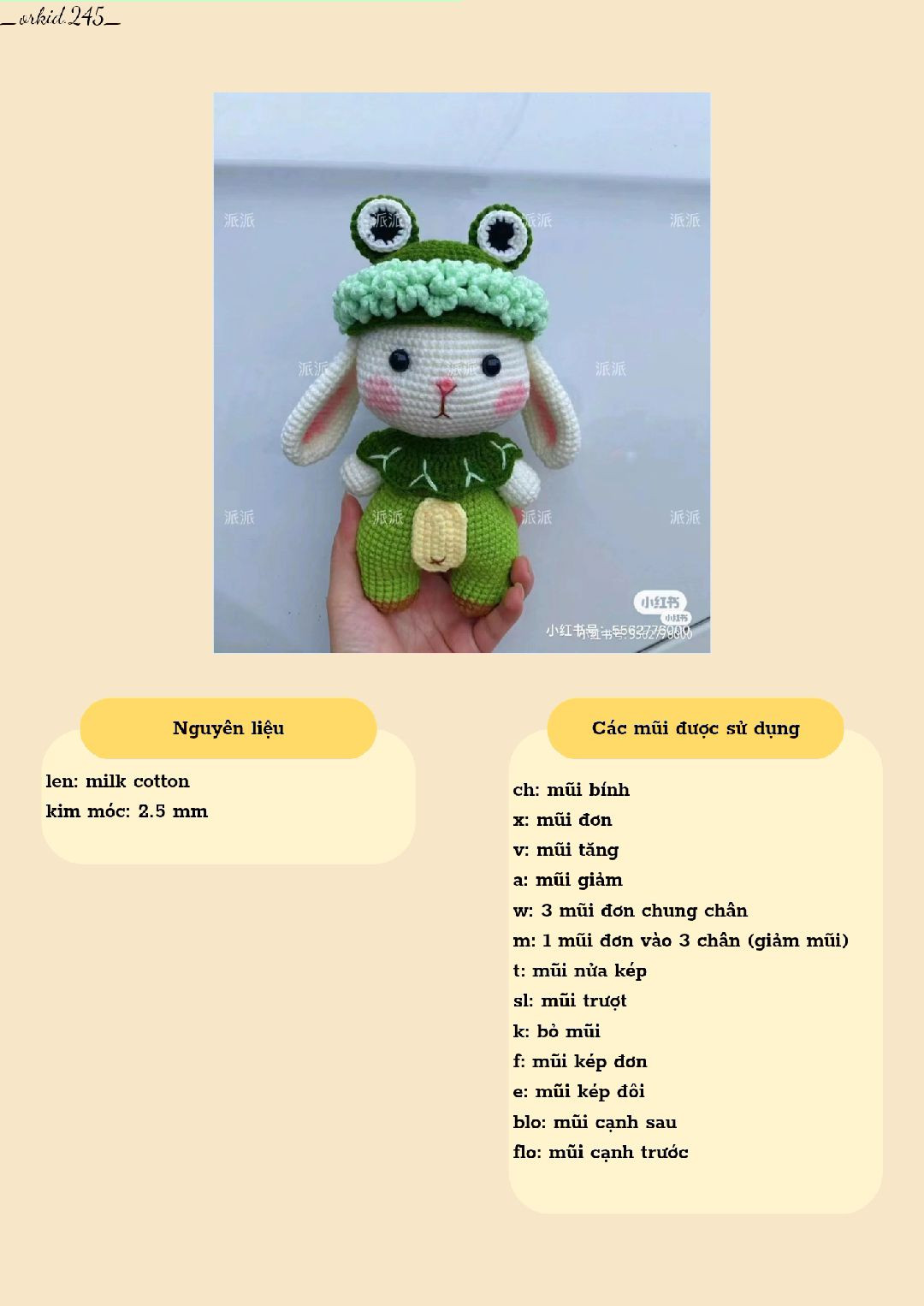 Hướng dẫn móc len búp bê thỏ mặc đồ ếch xanh trắng