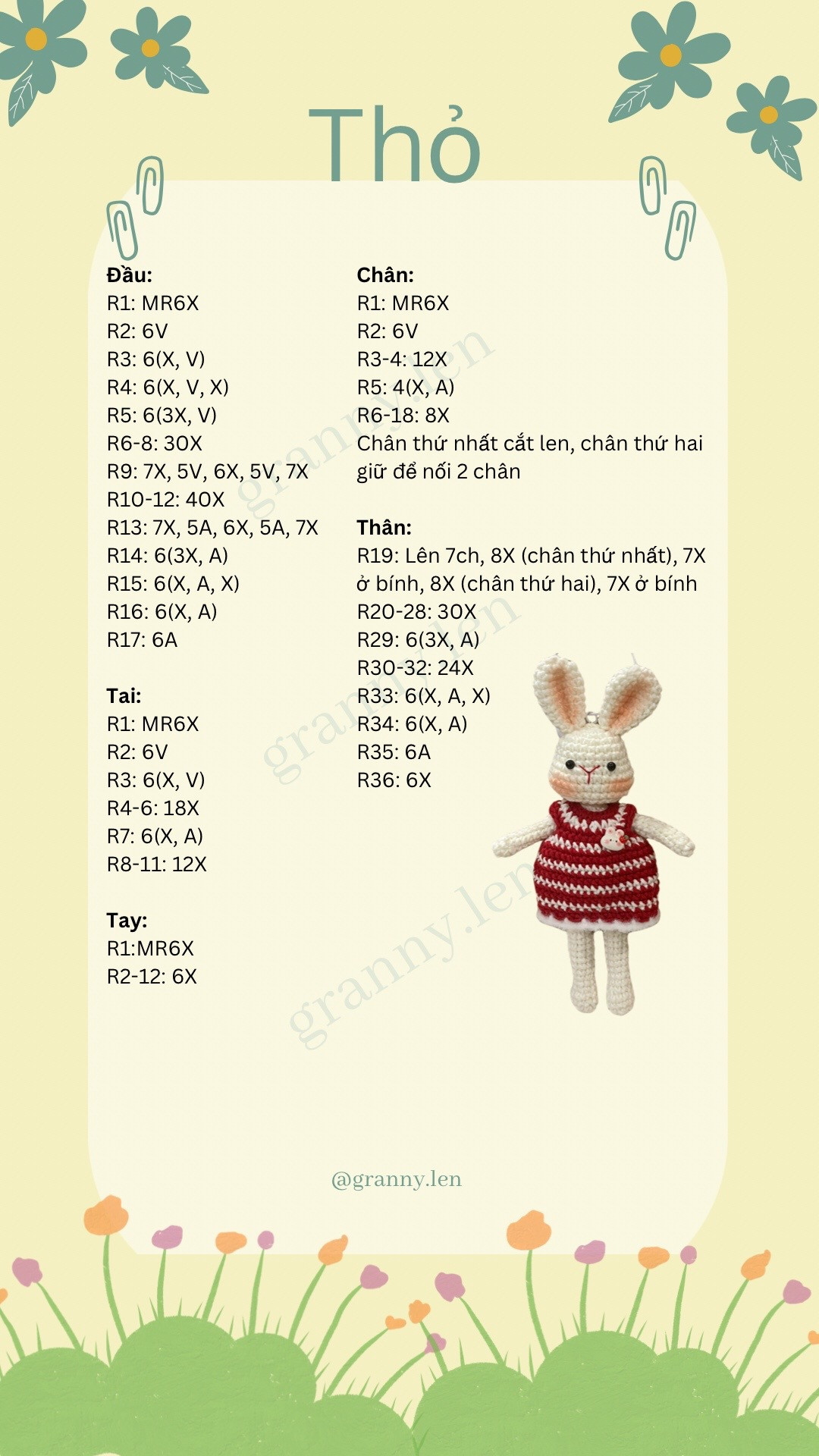 Hướng dẫn móc len búp bê thỏ mặc váy đỏ trắng