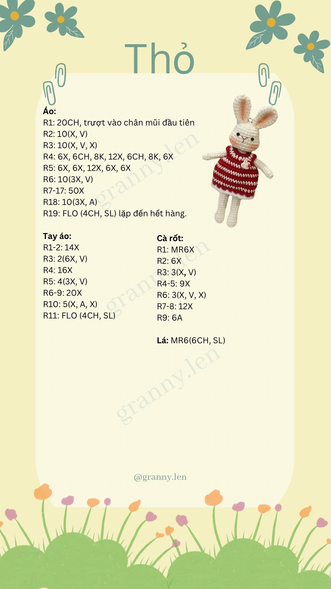 Hướng dẫn móc len búp bê thỏ mặc váy đỏ trắng