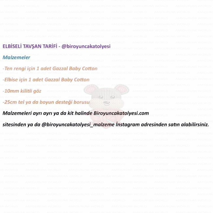 Hướng dẫn móc len búp bê thỏ mặc váy Elbiseli Tavşan cao 30cm, bao gồm danh sách nguyên liệu và bảng chart chi tiết từng phần