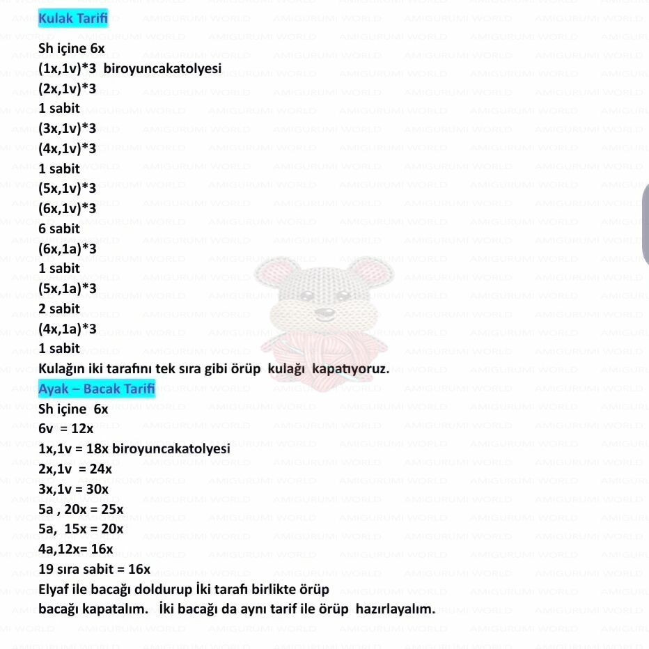 Hướng dẫn móc len búp bê thỏ mặc váy Elbiseli Tavşan cao 30cm, bao gồm danh sách nguyên liệu và bảng chart chi tiết từng phần