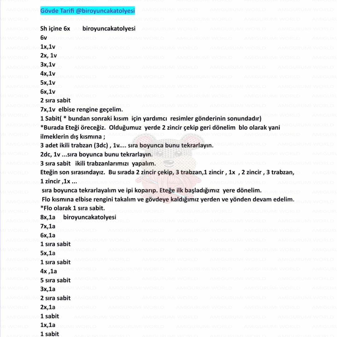 Hướng dẫn móc len búp bê thỏ mặc váy Elbiseli Tavşan cao 30cm, bao gồm danh sách nguyên liệu và bảng chart chi tiết từng phần