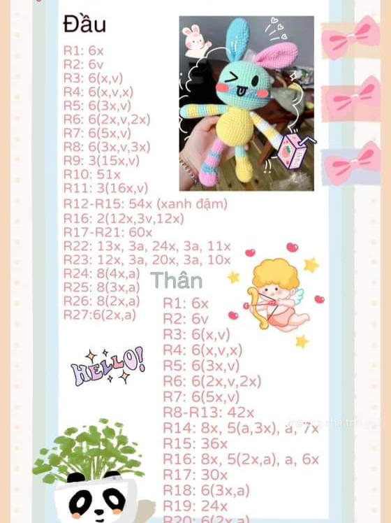 Hướng dẫn móc len búp bê thỏ màu xanh và chart thỏ Bunny