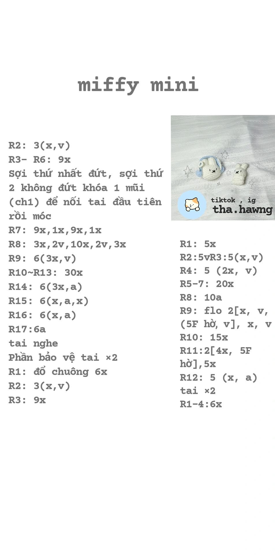 Hướng dẫn móc len búp bê thỏ Miffy mini trắng dễ thương