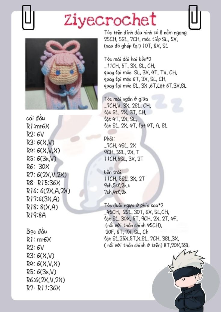 Hướng dẫn móc len búp bê tóc dài màu hồng xanh