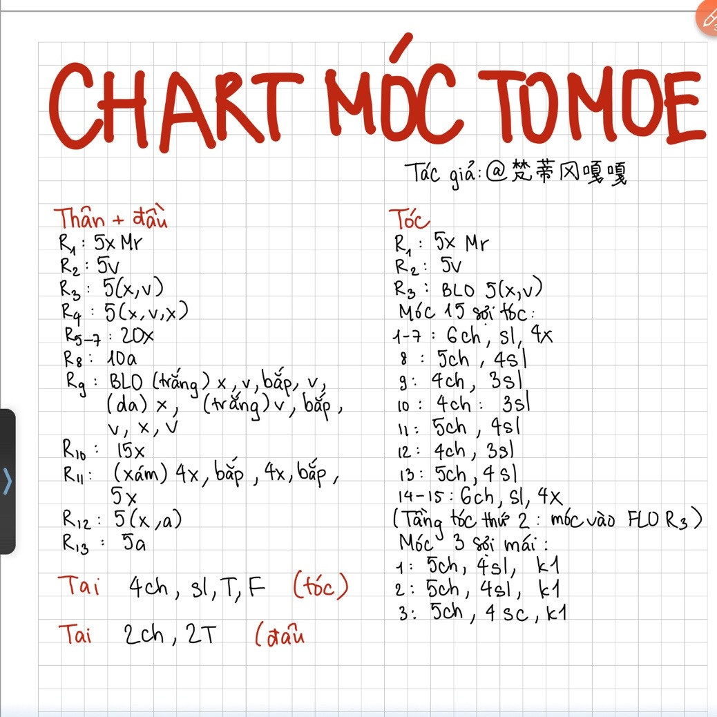 Hướng dẫn móc len búp bê Tomoe đang khóc, chart chi tiết từng hàng