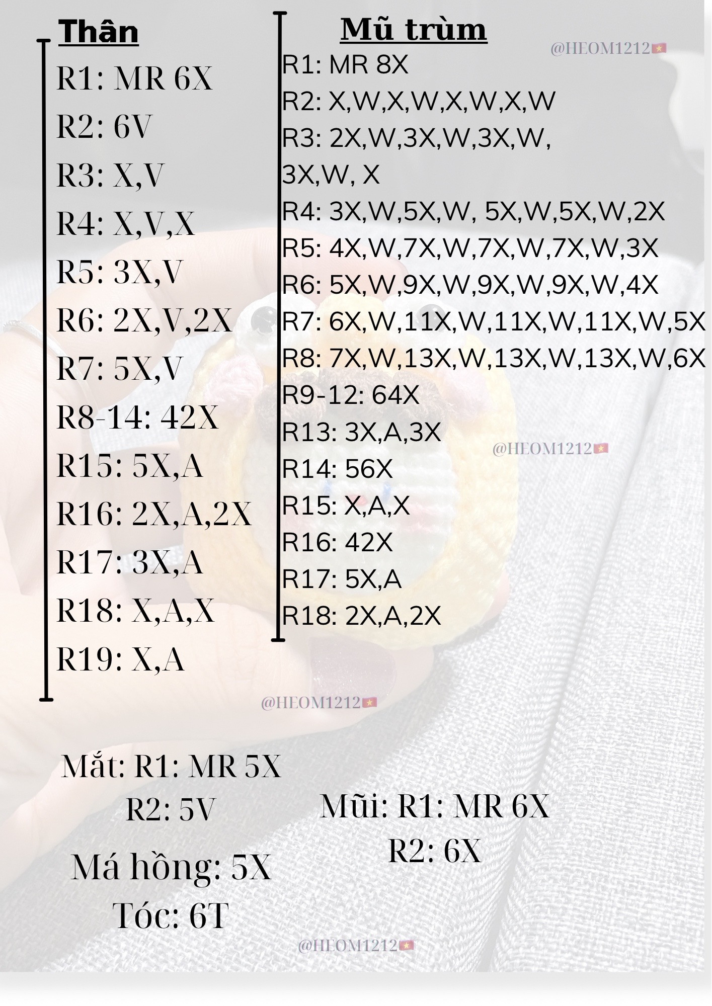 Hướng dẫn móc len búp bê vàng dễ thương, chart chi tiết từng hàng