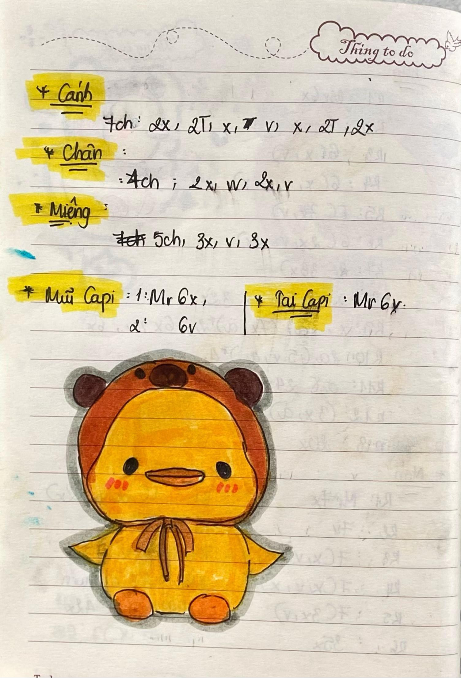 Hướng dẫn móc len búp bê vịt con mặc đồ gấu Capi dễ thương, chart viết tay chi tiết từng phần