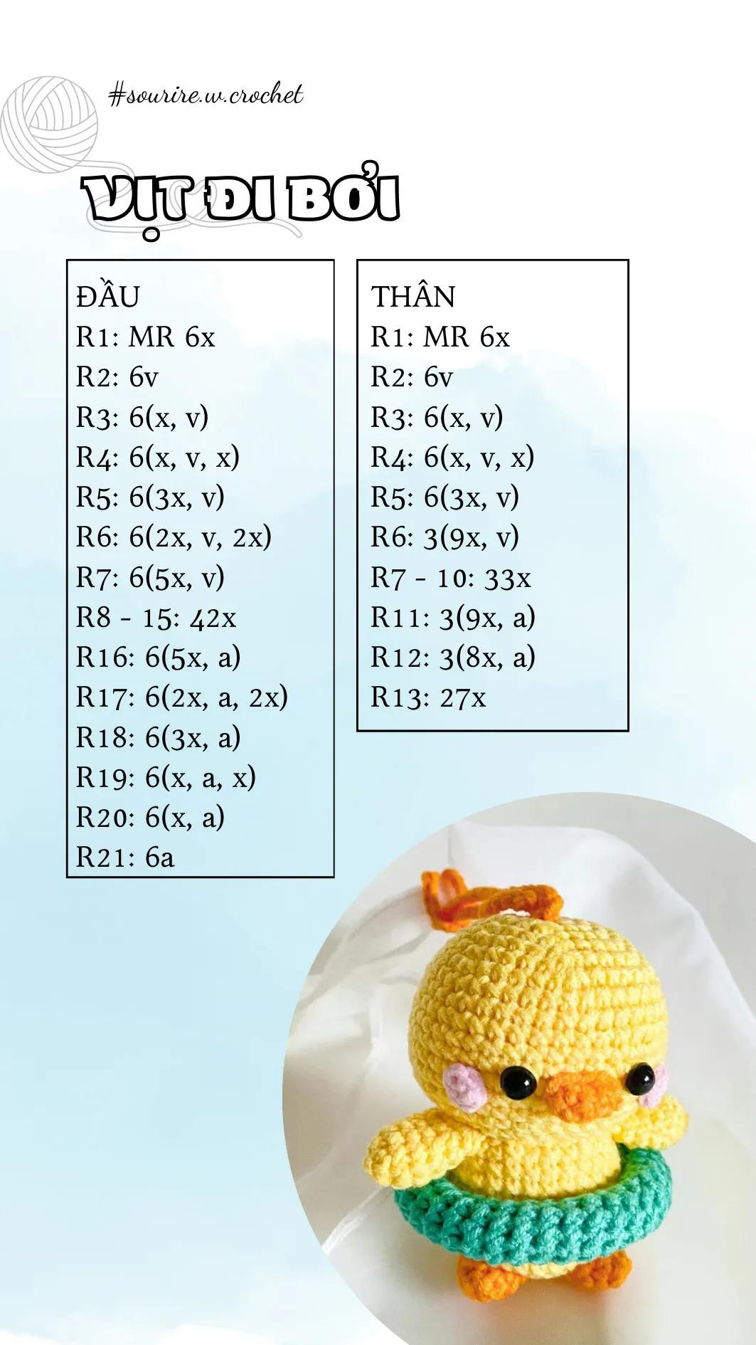 Hướng dẫn móc len búp bê vịt đi bơi dễ thương màu vàng
