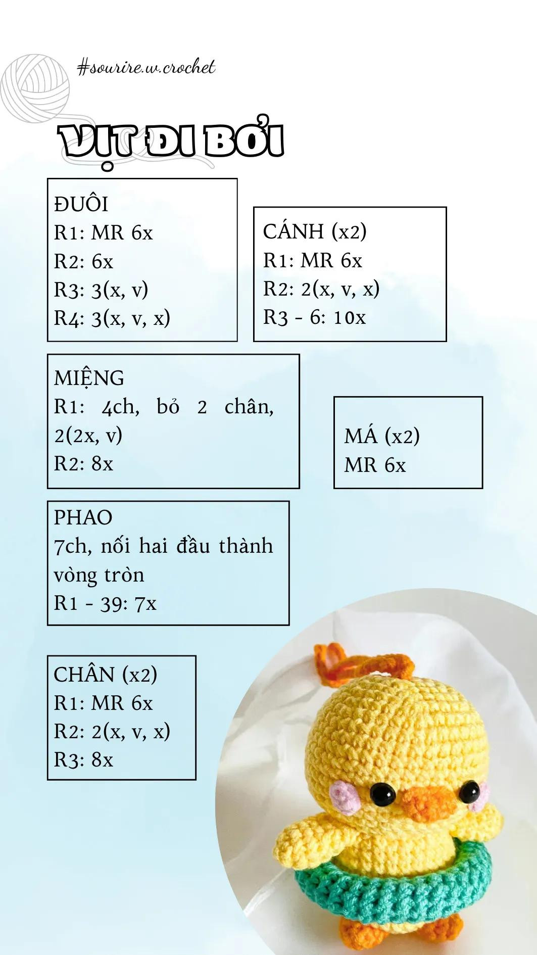 Hướng dẫn móc len búp bê vịt đi bơi dễ thương màu vàng