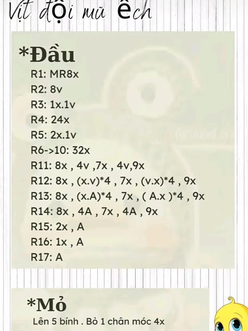 Hướng dẫn móc len búp bê vịt đội mũ ếch chi tiết từng hàng