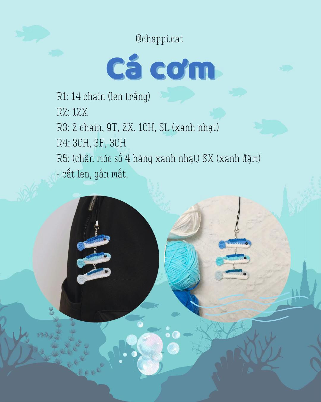 Hướng dẫn móc len cá cơm xanh trắng