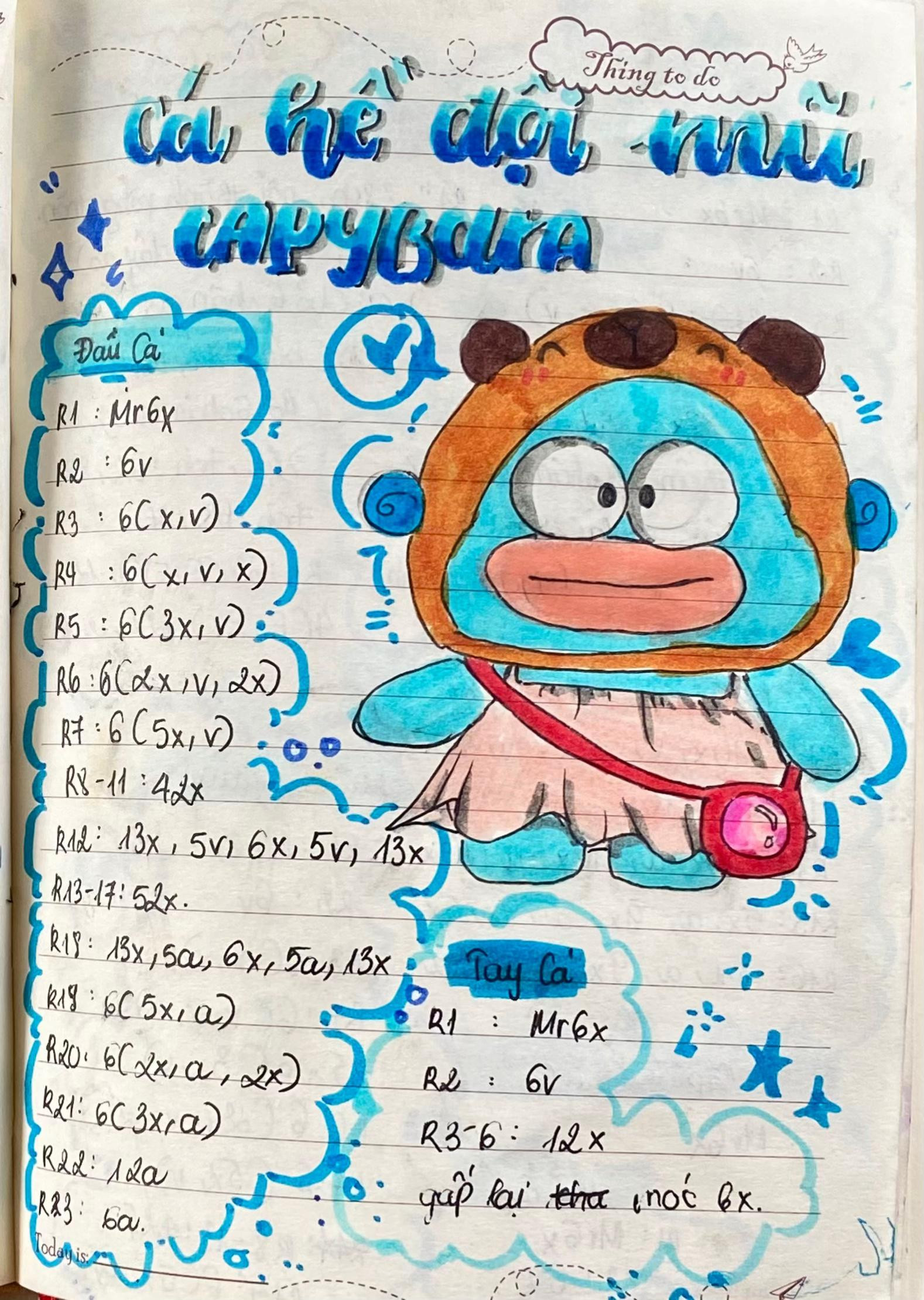 Hướng dẫn móc len Cá Heo đội mũ Capybara với chart chi tiết từng phần