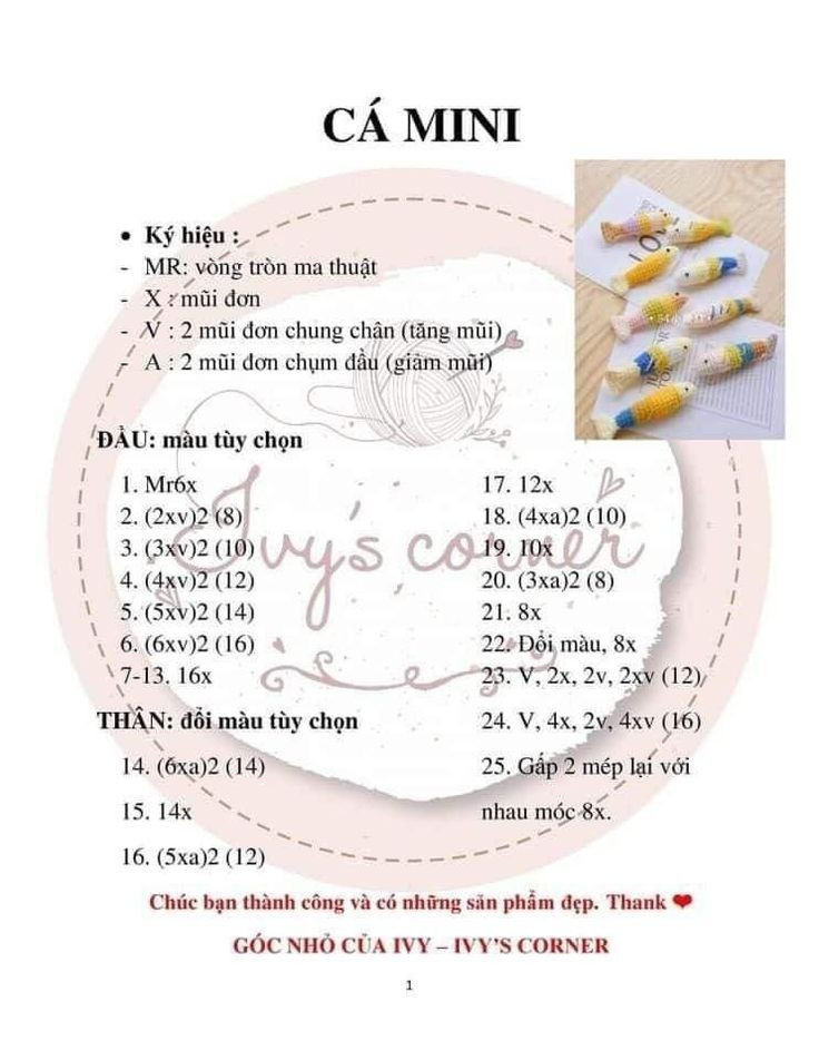 Hướng dẫn móc len Cá Mini - Chart chi tiết từng hàng
