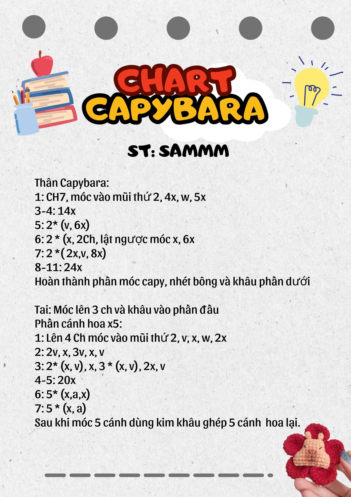 Hướng dẫn móc len Capybara hình hoa hồng đỏ