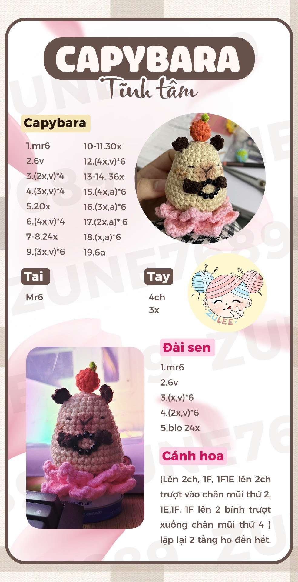 Hướng dẫn móc len Capybara tình tâm ngồi đài sen