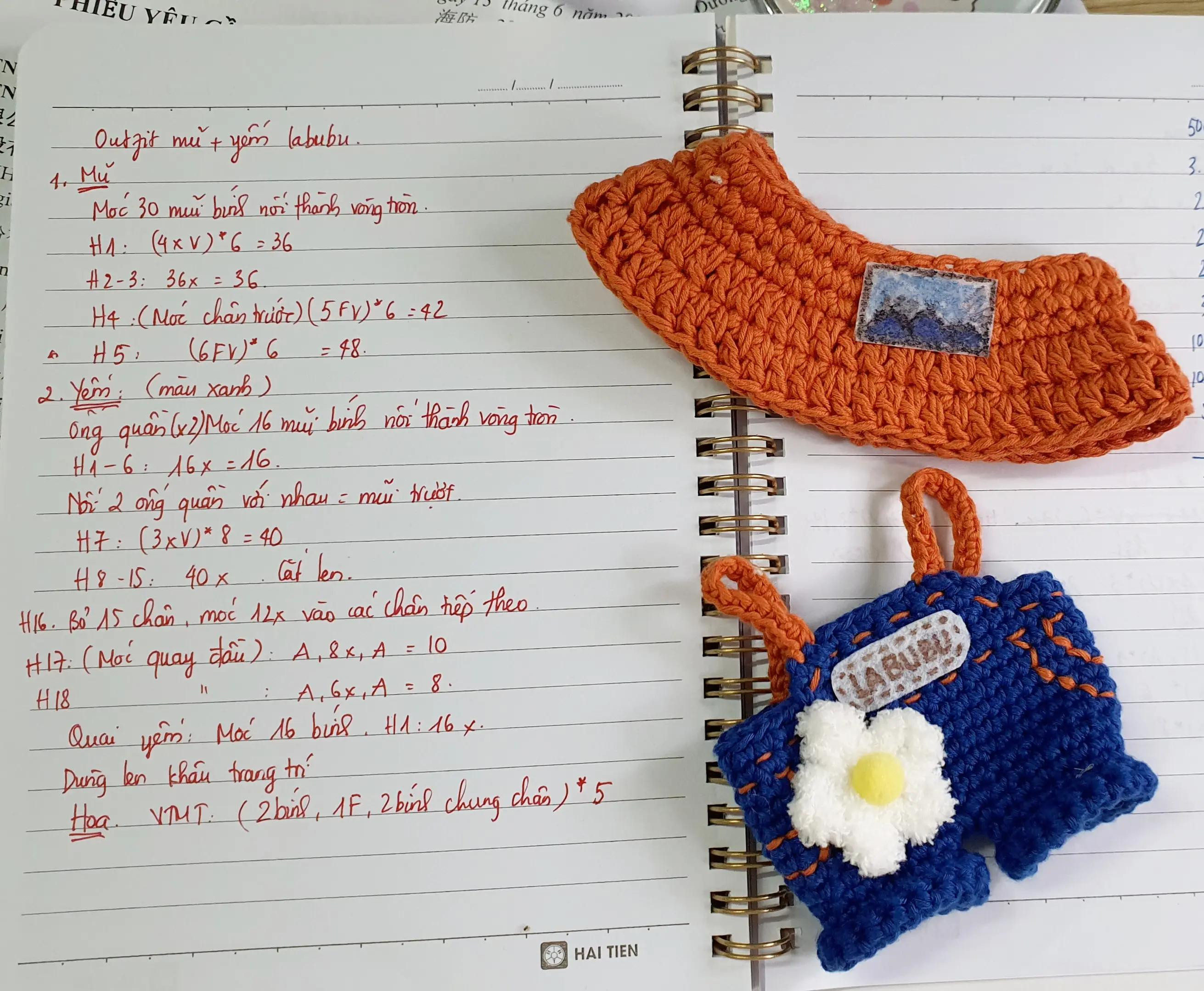 Hướng dẫn móc len (chart) bộ quần áo và mũ cho búp bê Labubu