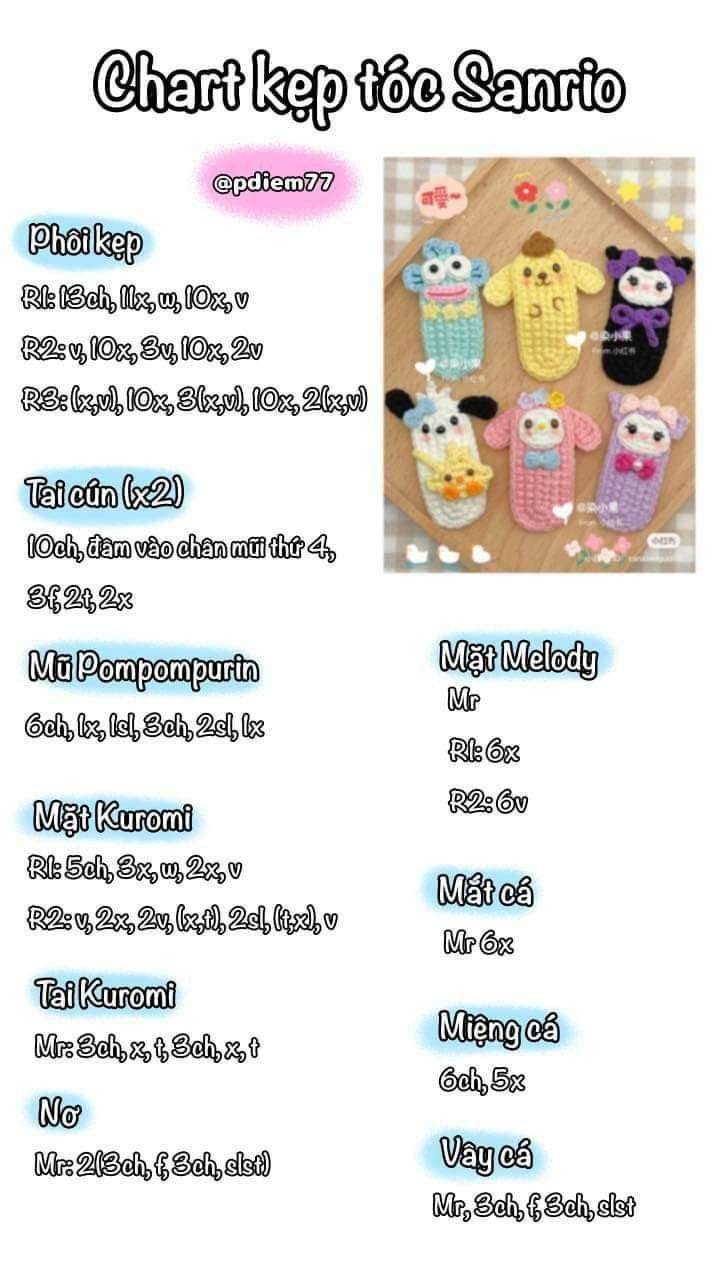 Hướng dẫn móc len chart phẳng hình dưa hấu, anh đào và bắp