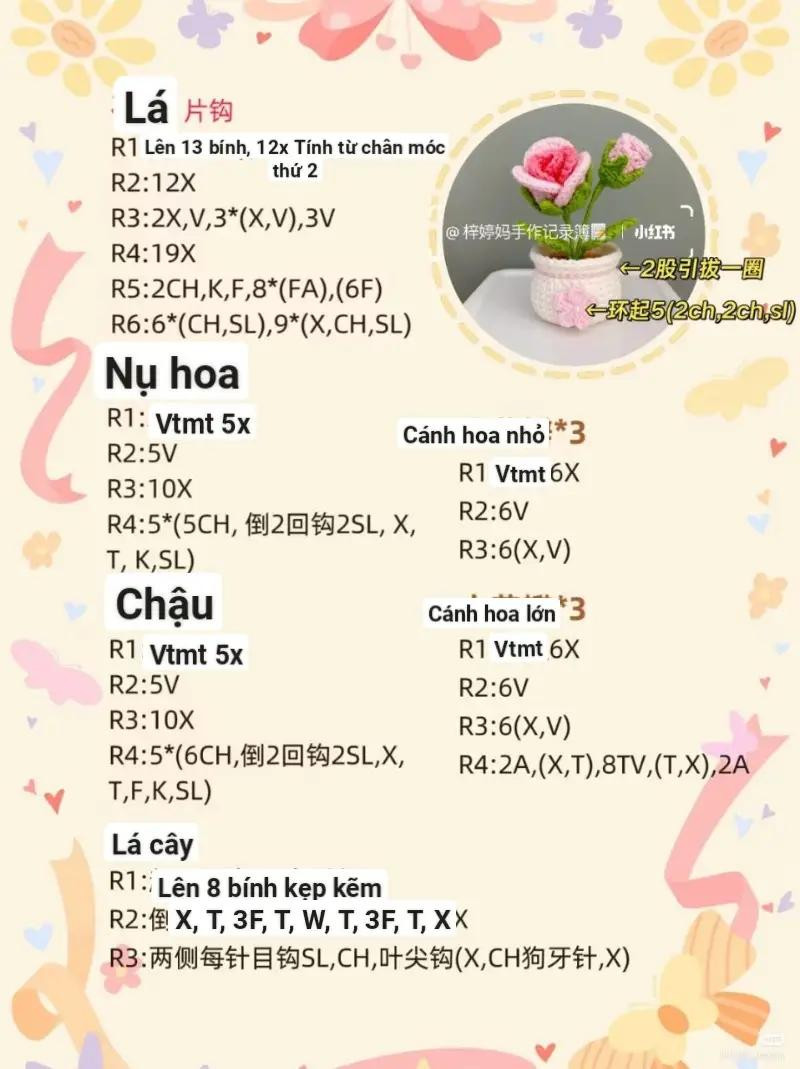 Hướng dẫn móc len chậu hoa hồng màu hồng và xanh