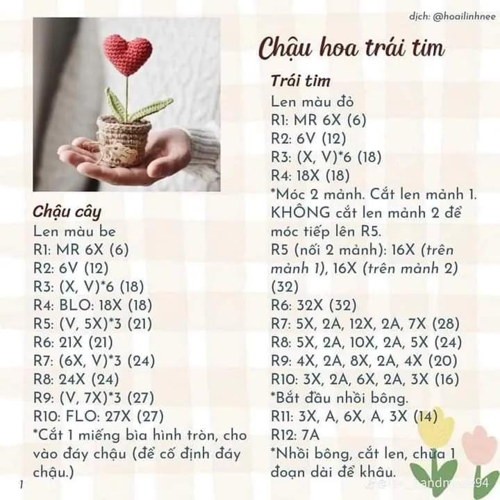 Hướng dẫn móc len chậu hoa trái tim màu đỏ và be chi tiết từng hàng